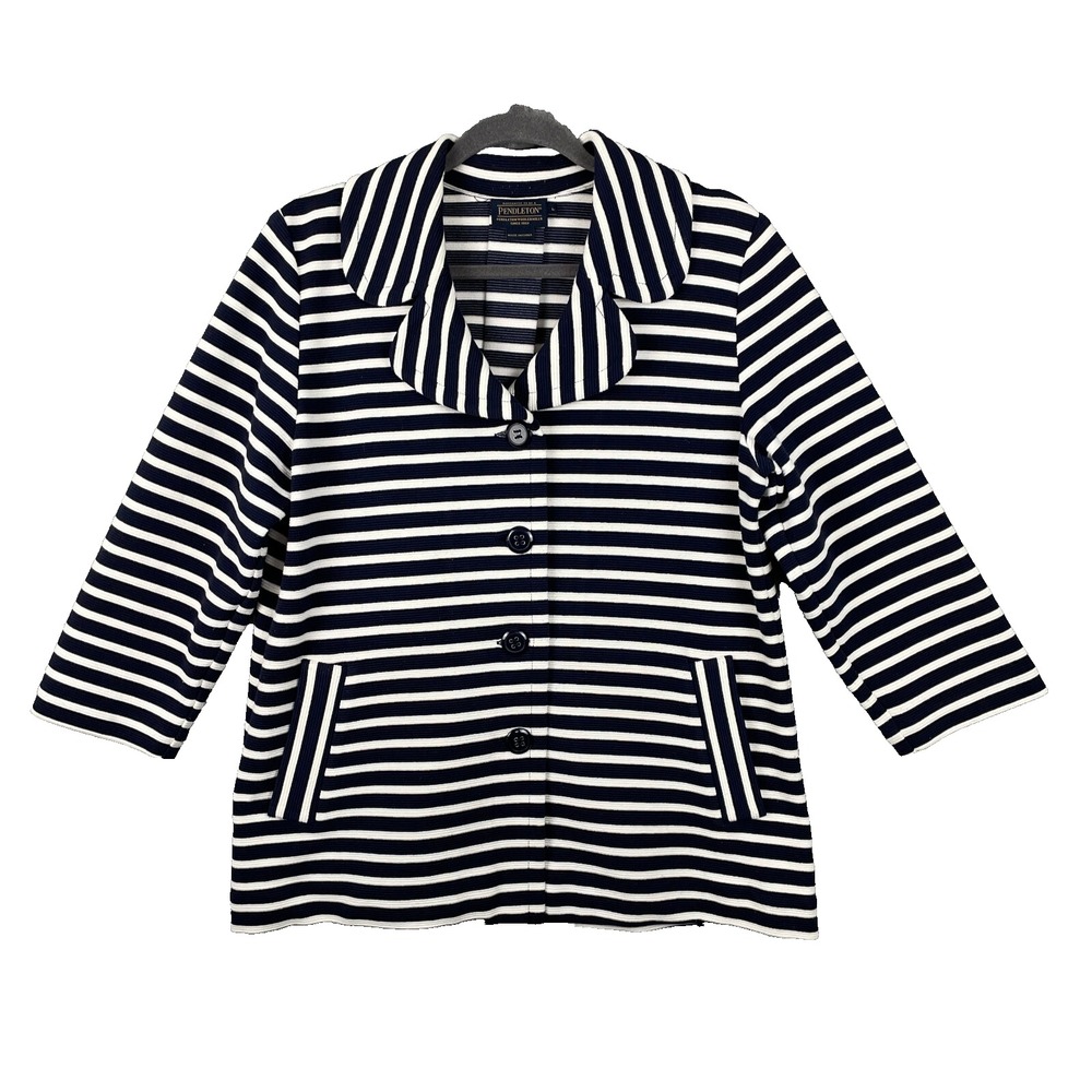 Pendleton Knit Jacket Womens Large Blue Striped Button Front Nautical Old Money